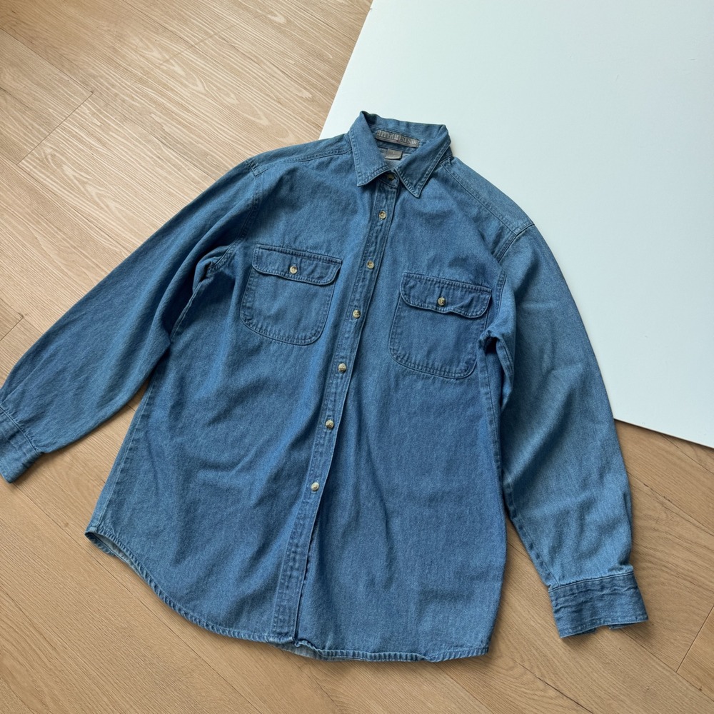 Vintage 90s Denim Shirt Mens Large Blue Long Sleeve Button Down 100% Cotton - Picture 2 of 7